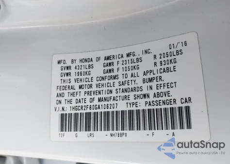 2016 Honda Accord Ex-L z USA, uszkodzony, nr VIN 1HGCR2F80GA106207